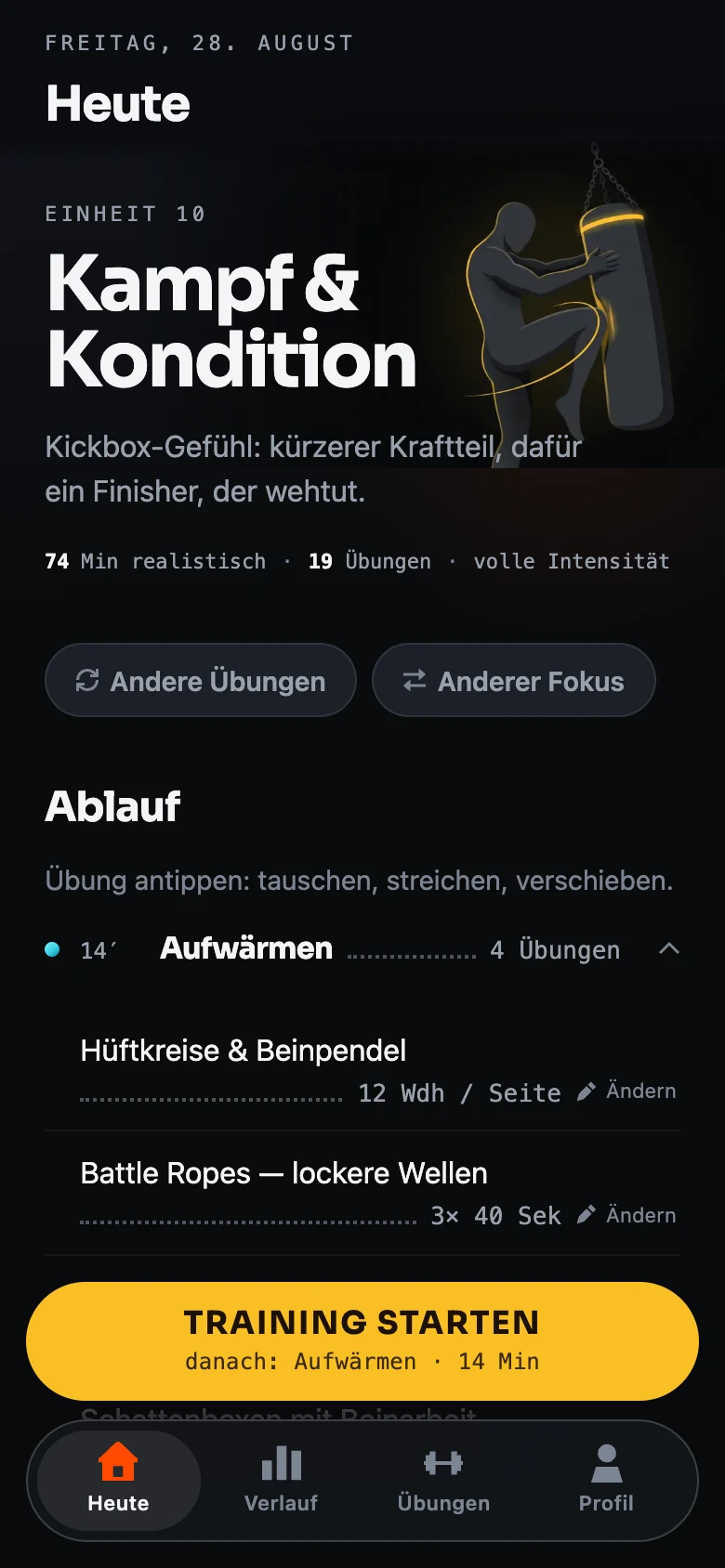 Traxx-Startbildschirm mit geplanter Einheit „Kampf & Kondition“