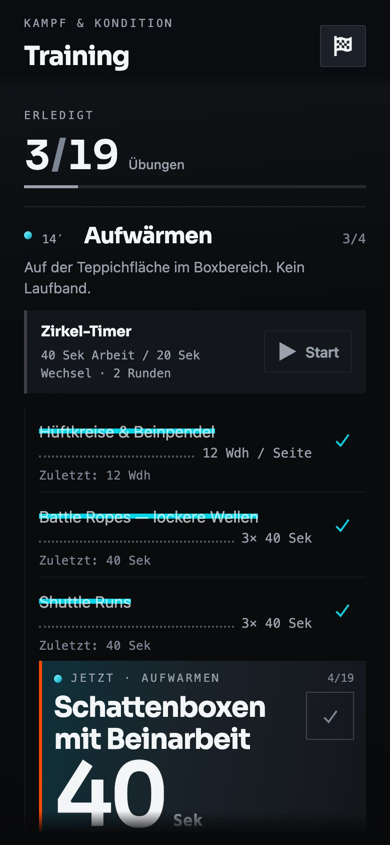 Laufende Einheit mit Übungen zum Abhaken