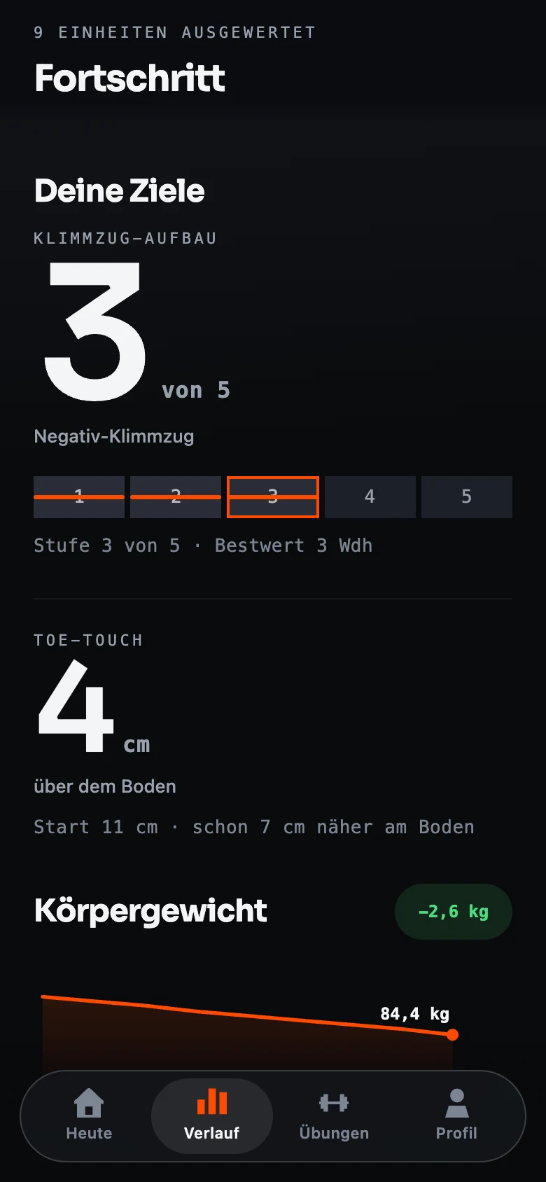 Fortschritts-Ansicht mit Gewichtskurve Richtung Ziel und Balance der Bewegungsmuster
